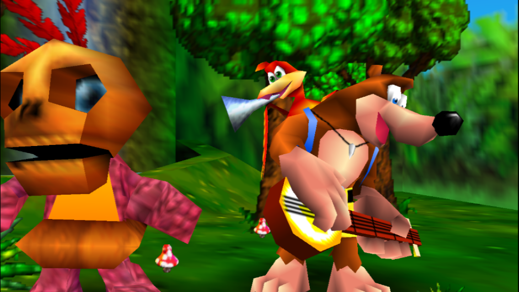Banjo, Kazooie und Mumbo Jumbo spielen instrumente