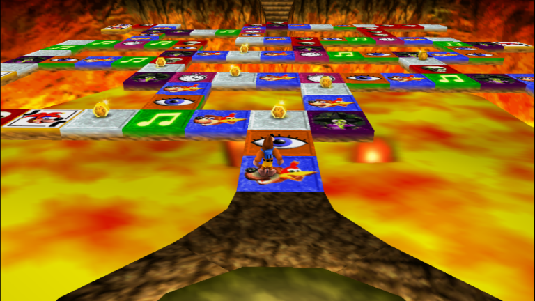 Banjo und Kazooie auf Gruntys Furnace Fun Spielbrett