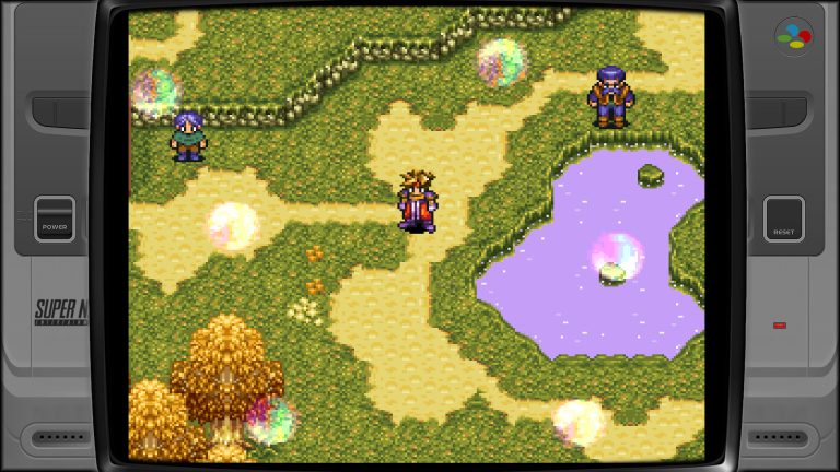 Die Start Stadt in Terranigma für den Super Nintendo. Es ist ein See und Seifenblasen zu sehen.