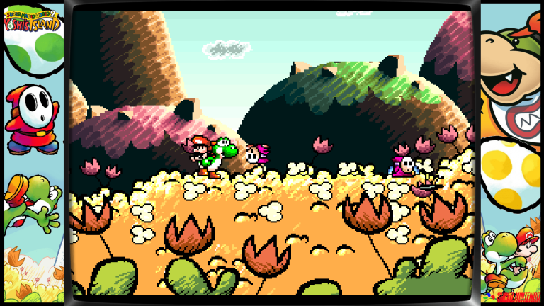 Screenshot aus Super Mario World 2: Yoshi’s Island für das SNES: Yoshi trägt Baby Mario durch eine bunte Blumenlandschaft und begegnet pinken Shy Guys in einer malerischen Berglandschaft.