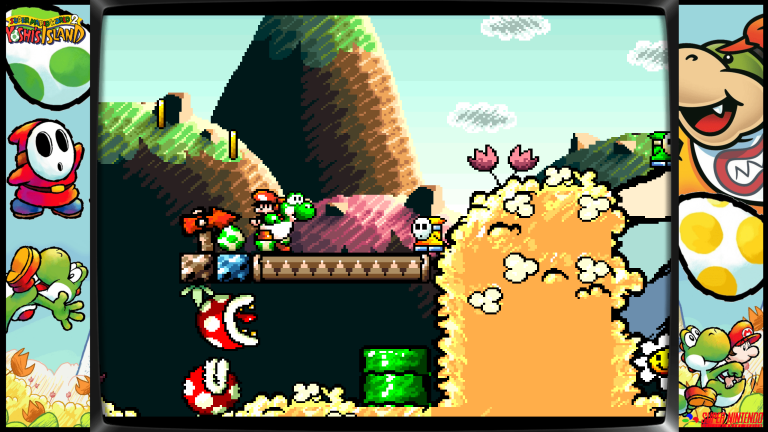 Ingame-Szene aus Yoshi’s Island (SNES): Yoshi mit Baby Mario auf einer Plattform über zwei großen Piranha-Pflanzen, mit grünem Warp-Rohr und gelbem Blumenhügel im Hintergrund.