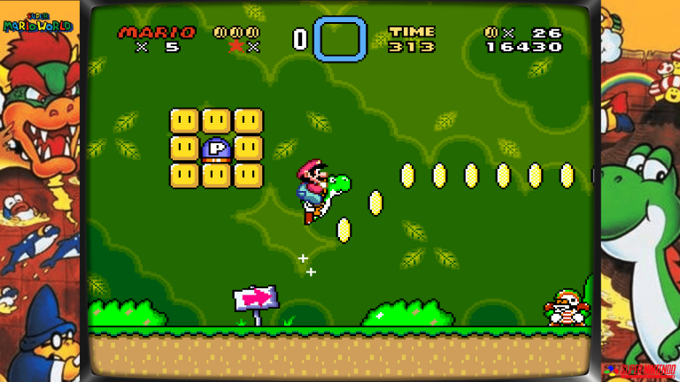 Screenshot aus Super Mario World auf dem SNES: Mario reitet auf Yoshi, sammelt goldene Münzen in einem grünen Wald-Level, mit einem P-Schalter in gelben Blöcken.