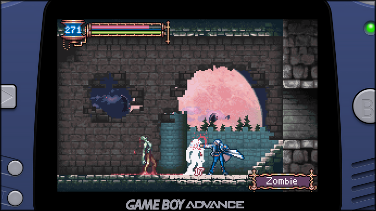 Castlevania Aria of Sorrow Kampf auf dem Game Boy Advance – Soma Cruz im Kampf gegen einen Zombie mit Mond im Hintergrund.