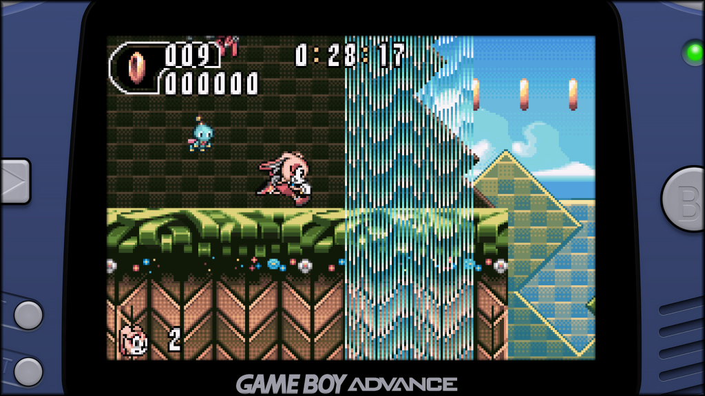 Sonic Advance 2 GBA Screenshot – Cream the Rabbit rennt durch farbenfrohes Sommer-Level mit Wasserfall