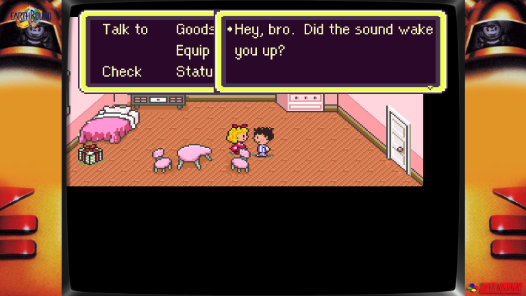 EarthBound Screenshot auf dem Super Nintendo: Ness spricht mit seiner Schwester im Schlafzimmer.
