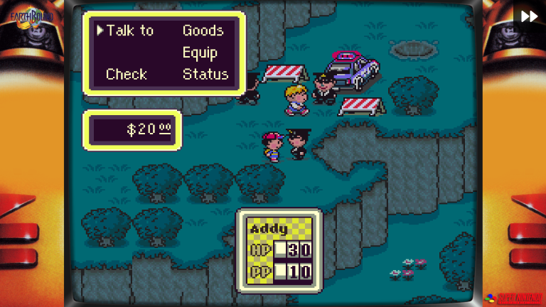 EarthBound für SNES – Ness spricht nachts mit NPCs an einer Polizeisperre in der Nähe eines Kraters.
