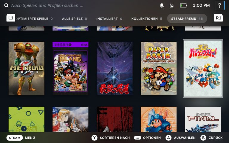 Steam-Bibliothek auf dem Steam Deck mit integrierten Retro-Spielen durch EmuDeck – GameCube, PS2, GBA und mehr nahtlos in SteamOS eingebunden.