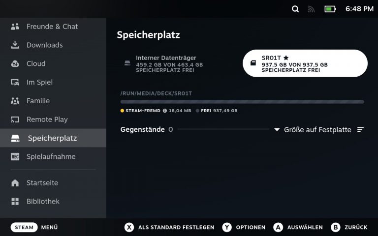 Steam Deck Speicherübersicht mit interner SSD und 1 TB microSD – optimaler Speicherplatz für EmuDeck und große Retro-Bibliotheken.