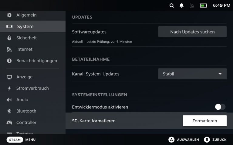 Steam Deck Systemeinstellungen mit Option SD-Karte formatieren – Vorbereitung für EmuDeck Installation und Retro-Gaming Setup.