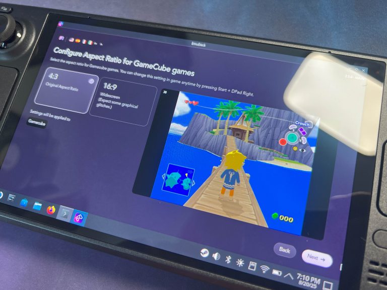 Steam Deck EmuDeck-Konfiguration für GameCube-Spiele – Auswahl 4:3 Originalformat oder 16:9 Widescreen am Beispiel Zelda Wind Waker.