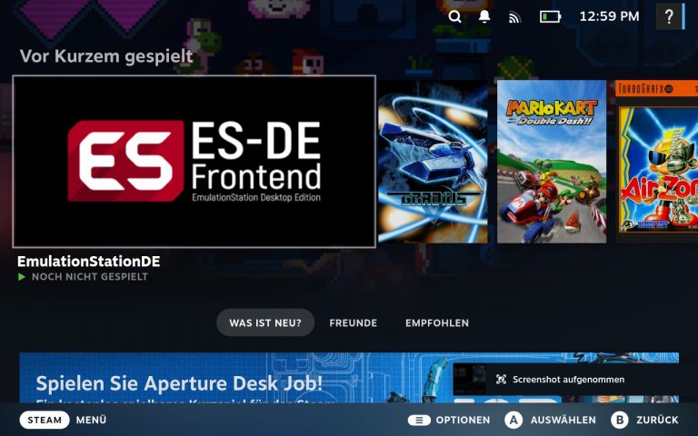 Steam Deck Bibliothek mit EmulationStation-DE als Non-Steam-Spiel integriert – Zugriff auf alle Retro-Spiele aus einer Oberfläche.