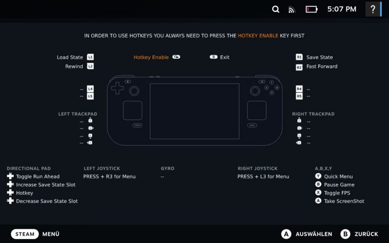 Steam Deck Hotkey-Übersicht in EmuDeck – Tastenkombinationen für Save States, Fast Forward, Quick Menu und Screenshots.