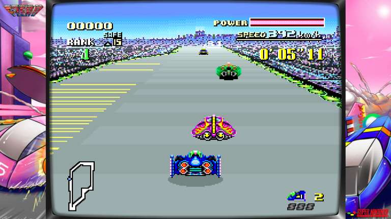 Gameplay-Szene aus F-Zero auf dem SNES – Blue Falcon im Rennen auf Mute City mit 292 km/h.