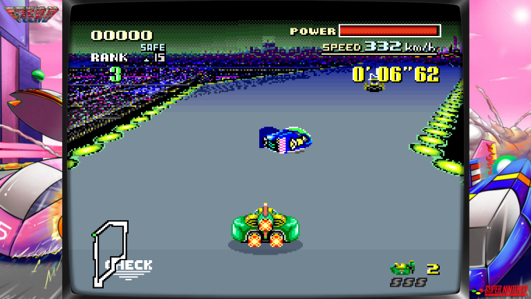 Screenshot aus F-Zero für das Super Nintendo – Green Falcon auf der Rennstrecke bei 332 km/h.
