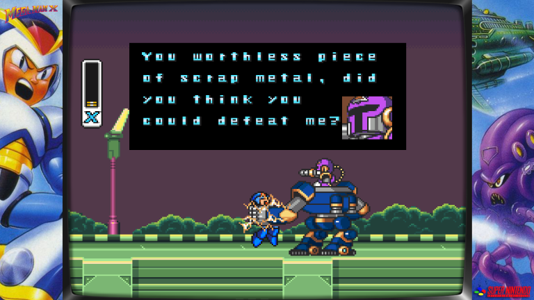 Mega Man X Bosskampf-Dialog auf dem SNES: Vile verspottet X nach einem verlorenen Duell.