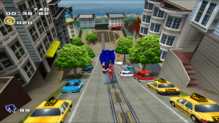 Sonic grindet in City Escape auf einer Schiene durch die Straßen einer hügeligen Stadt in Sonic Adventure 2 Battle.