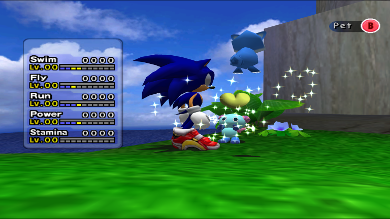 Sonic füttert ein Chao im Chao-Garten von Sonic Adventure 2 Battle, um seine Werte zu steigern.