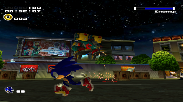 Sonic kämpft in einem nächtlichen Bosskampf gegen ein Militär-Mech in Sonic Adventure 2 Battle.