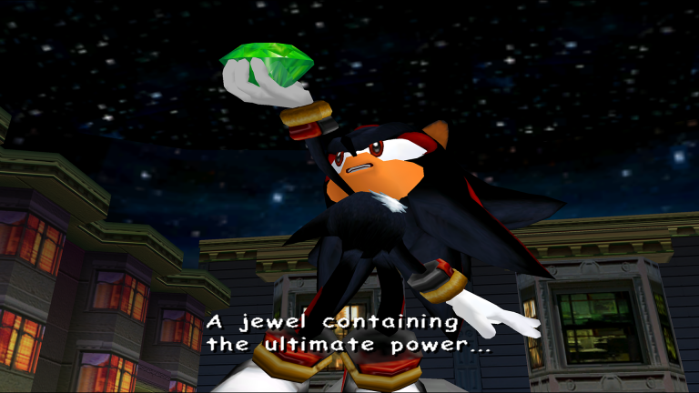Shadow hält einen Chaos Emerald in der Hand und spricht über „the ultimate power“ in Sonic Adventure 2 Battle.