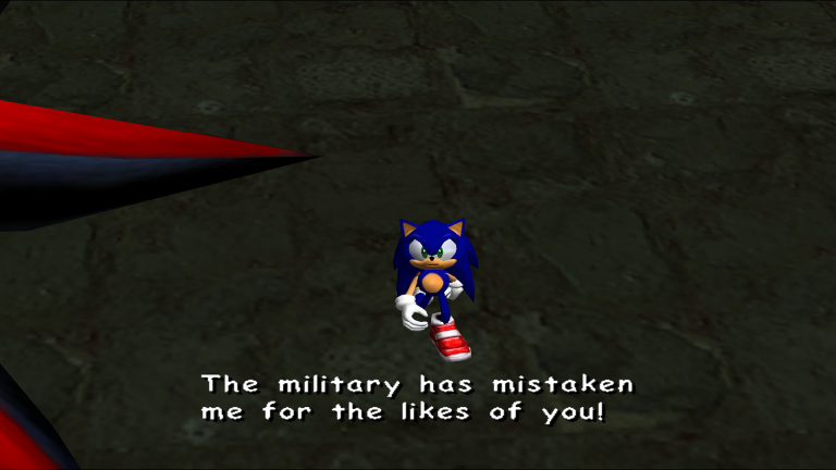 Sonic spricht in einer Zwischensequenz von Sonic Adventure 2 Battle den ikonischen Satz „The military has mistaken me for the likes of you!“.