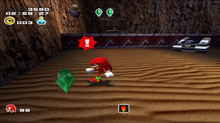 Knuckles entdeckt einen grünen Master Emerald Splitter in einer Schatzsucher-Mission von Sonic Adventure 2 Battle.