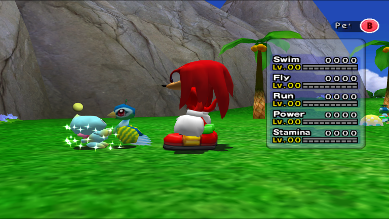 Knuckles trainiert ein Chao im Chao-Garten von Sonic Adventure 2 Battle mithilfe eines Tieres.
