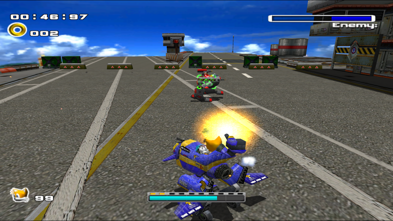Tails kämpft im Mech gegen Dr. Eggman in einer Multiplayer-Bossarena von Sonic Adventure 2 Battle.