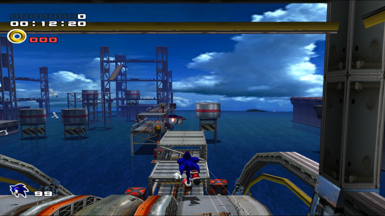 Sonic rennt über eine Industrieplattform in Sonic Adventure 2 Battle – Highspeed-Gameplay im GameCube-Klassiker.