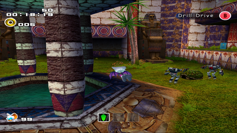 Rouge erkundet ein Schatzsucher-Level im Tempel-Design in Sonic Adventure 2 Battle.