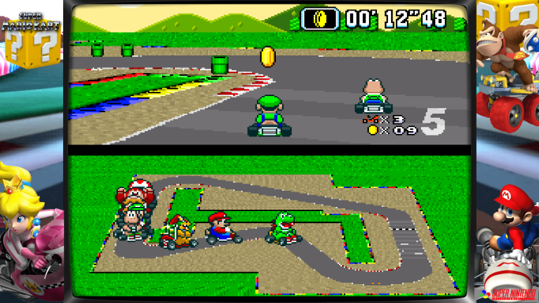 Gameplay aus Super Mario Kart: Luigi sammelt Münzen, während Mario, Yoshi und Co. das Rennen dominieren.