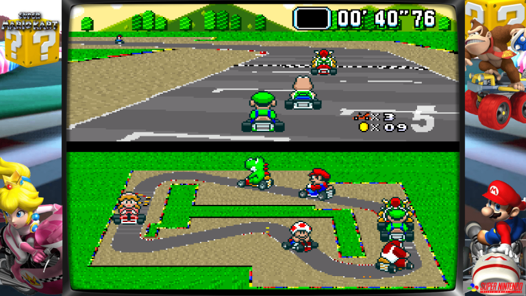 Screenshot aus Super Mario Kart auf dem SNES: Luigi, Bowser und Co. liefern sich ein Rennen auf dem Mario Circuit.