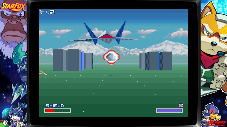SNES-Spiel Star Fox – Arwing nähert sich einem Power-Up auf der offenen 3D-Landschaft.