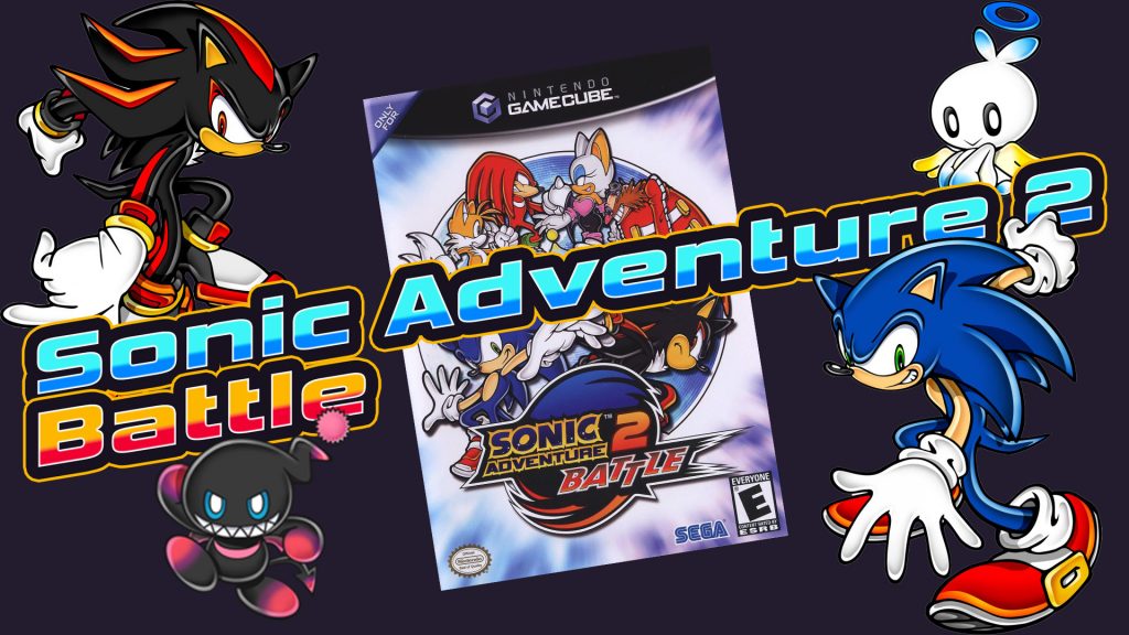 Cover-Artwork von Sonic Adventure 2 Battle für den Nintendo GameCube mit Sonic, Shadow, Rouge und Chao-Charakteren.