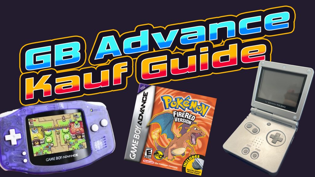 Gameboy Advance Kaufguide Thumbnail mit GBA SP, transparentem GBA, Pokémon Feuerrot und Retro-Schriftzug