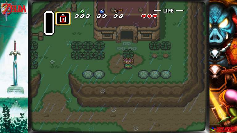 Zelda: A Link to the Past – Eröffnungsszene mit Link im Regen vor seinem Haus.
