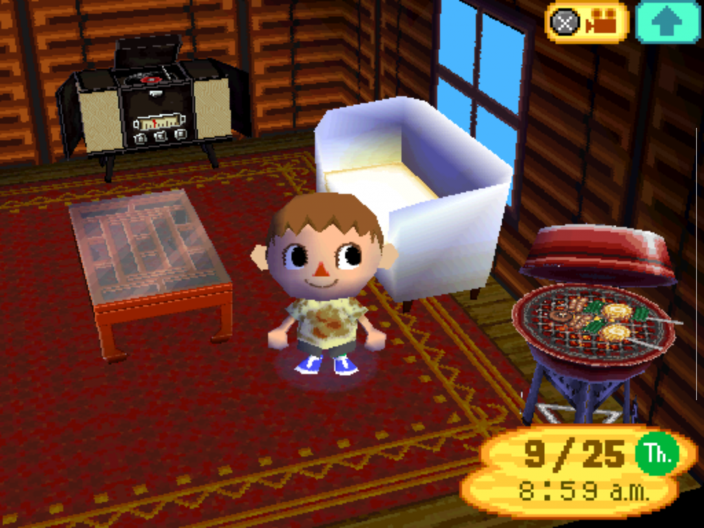 Spielszene aus Animal Crossing Wild World auf dem Nintendo DS. Ein Spieler-Charakter steht in seinem individuell eingerichteten Haus mit Sofa, Grill und Musiksystem – typische Alltagsmomente, die den besonderen Cozy-Charme des Spiels ausmachten.
