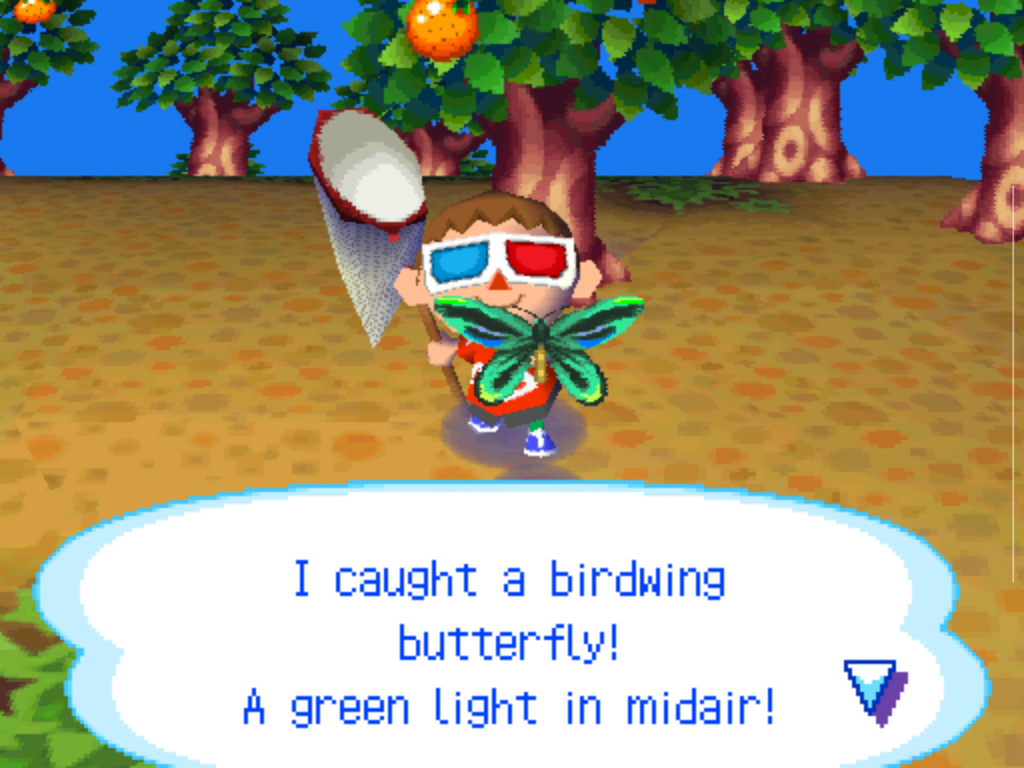 Spielszene aus Animal Crossing Wild World für den Nintendo DS: Ein Spielercharakter fängt einen Birdwing-Schmetterling. Typisches Beispiel für die Sammelmechaniken mit Insekten, Fischen und Fossilien, die das Spiel zu einem beliebten Cozy Game Klassiker machen.