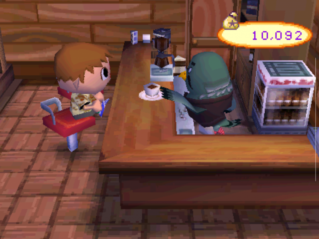 Café-Szene aus Animal Crossing Wild World für den Nintendo DS: Brewster, die Taube, serviert einem Spielercharakter einen Kaffee. Ein Beispiel für die entspannenden Alltagsrituale, die Wild World zu einem der beliebtesten Cozy Games machen.