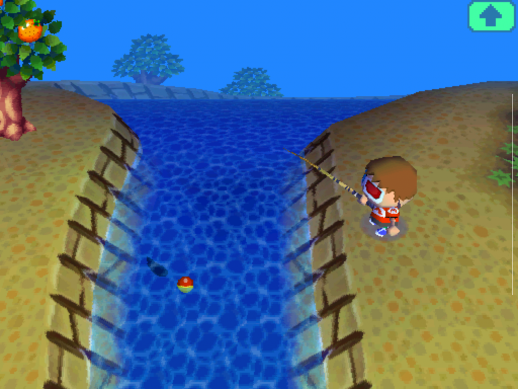 Spielszene aus Animal Crossing Wild World auf dem Nintendo DS: Ein Spielercharakter angelt im Fluss. Das Fischen gehörte neben Insekten fangen und Fossilien ausgraben zu den typischen Tätigkeiten, die den Cozy-Charme des Spiels ausmachten.