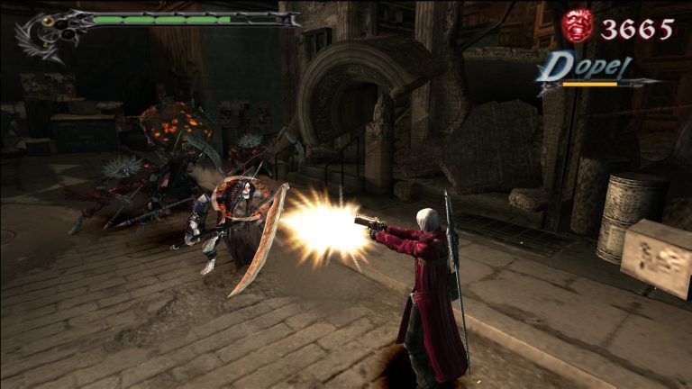 Devil May Cry 3 Gameplay: Dante kämpft mit Pistolen und Schwert gegen Dämonen in düsterer Umgebung.