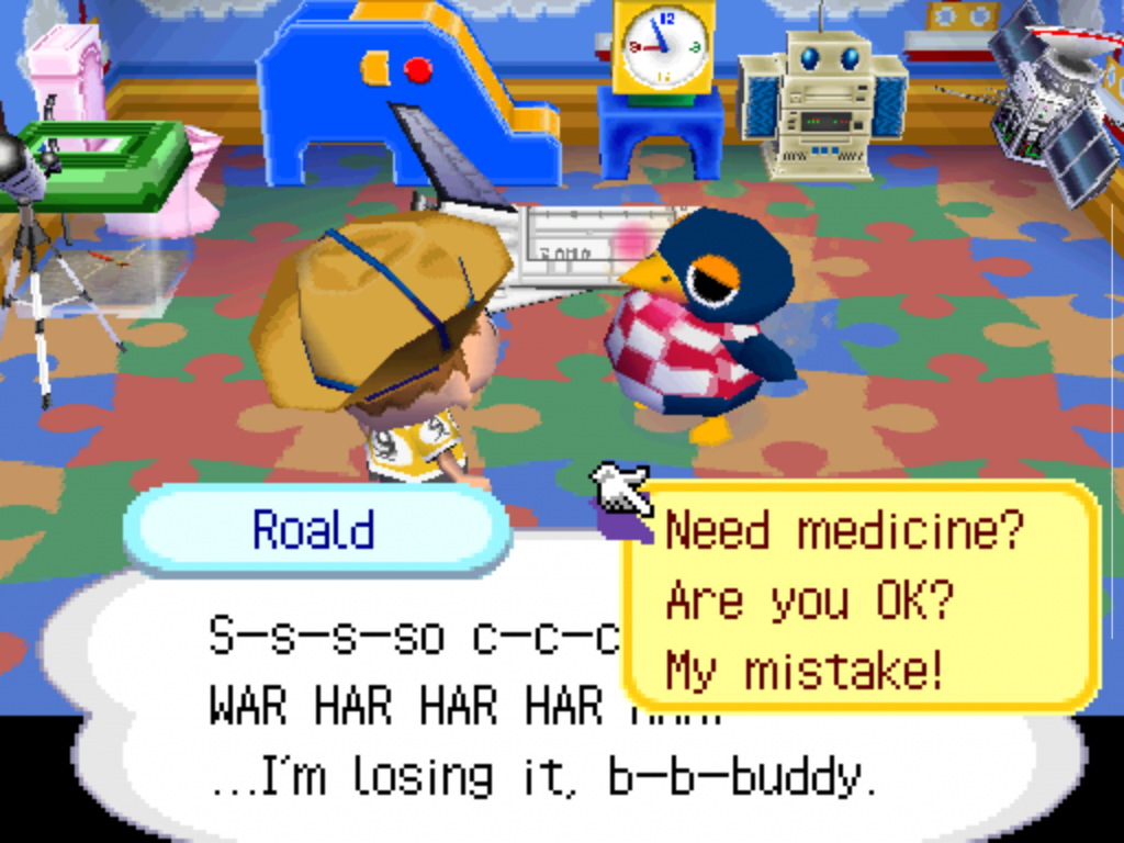 Dialogszene mit Roald, einem Bewohner in Animal Crossing Wild World. Spieler kümmert sich um den erkrankten Pinguin. Die Bindung zu den Dorfbewohnern und ihre Fotos als Freundschaftsbelohnung gehörten zu den wichtigsten Zielen im Spiel.