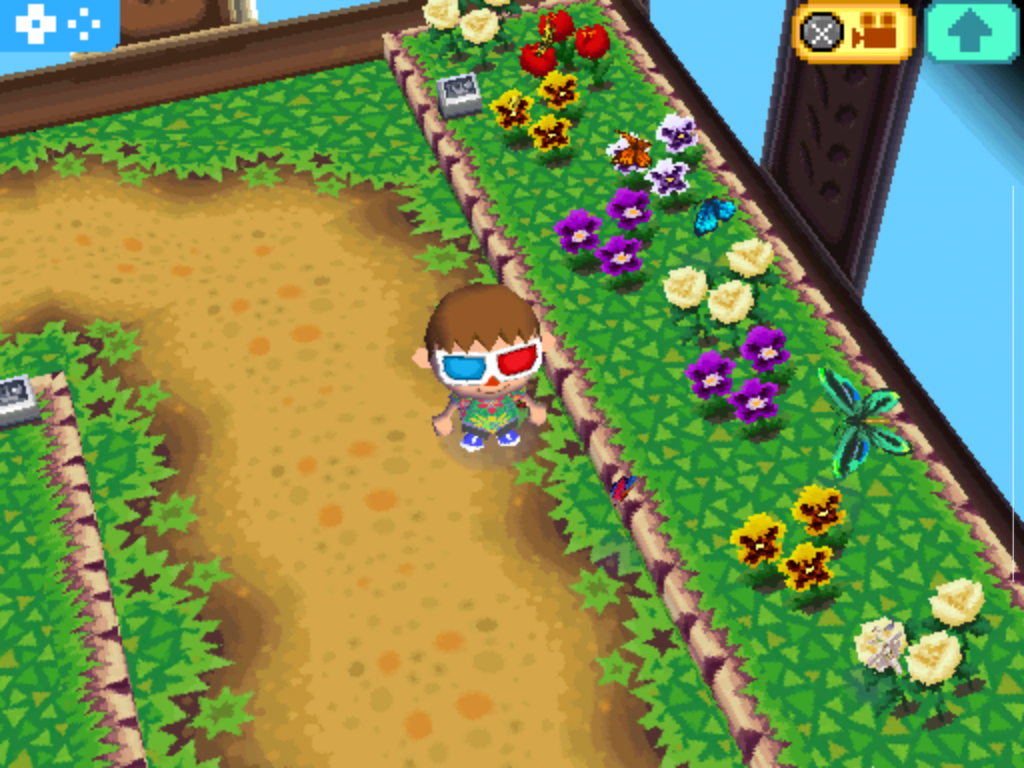 Spielszene aus Animal Crossing Wild World für den Nintendo DS: Ein Spielercharakter steht in einem Blumengarten mit Schmetterlingen und Libellen. Die Insekten und Umgebungsgeräusche tragen stark zur einzigartigen Atmosphäre des Cozy Game Klassikers bei.