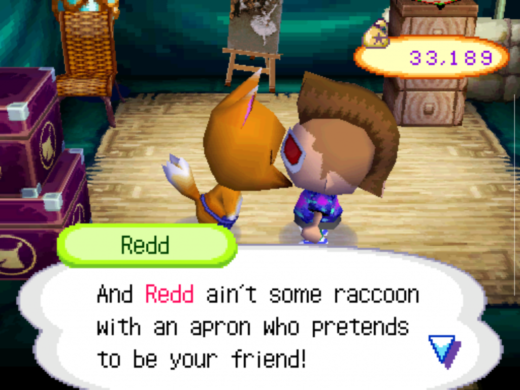 Szene mit Redd in Animal Crossing Wild World auf dem Nintendo DS. Der zwielichtige Fuchs bot oft gefälschte Kunstwerke an und sorgte so für Frust und Überraschungen bei den Spielern.