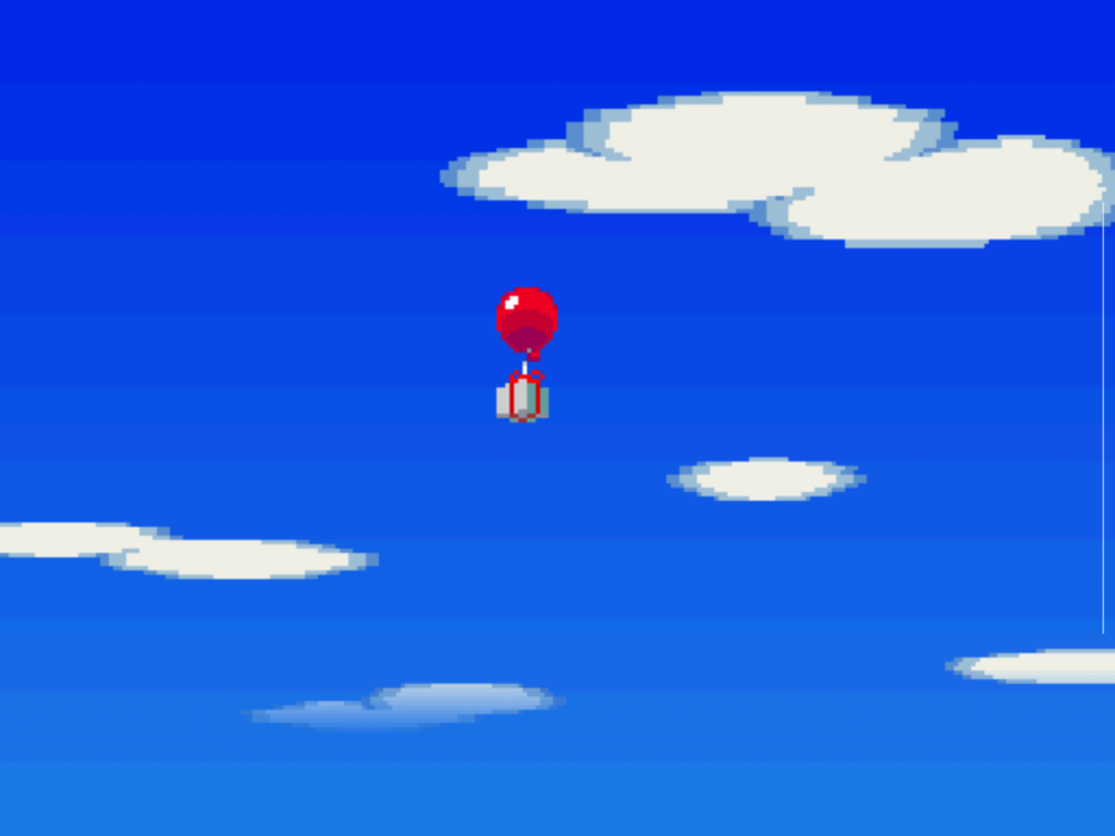 Schwebendes Geschenk an einem roten Ballon in Animal Crossing Wild World. Diese zufälligen Ereignisse gehörten zu den besonderen Momenten, die das Spiel lebendig machten.