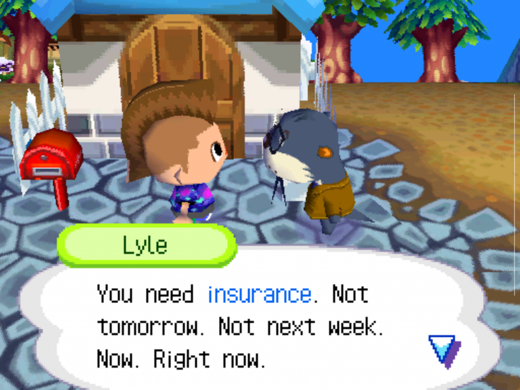 Charakter Lyle, der Versicherungsvertreter, in Animal Crossing Wild World für den Nintendo DS. Ein Beispiel für die skurrilen NPCs, die den Alltag im Dorf prägen und dem Spiel Humor und Abwechslung verleihen.