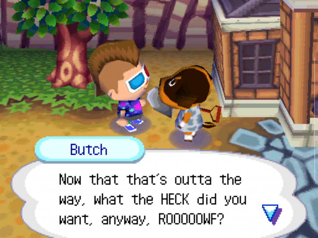 Dialog mit Butch in Animal Crossing Wild World auf dem Nintendo DS. Beispiel dafür, wie direkt und teilweise unfreundlich die Bewohner damals sein konnten – ein Tonfall, der in späteren Teilen der Reihe deutlich entschärft wurde.