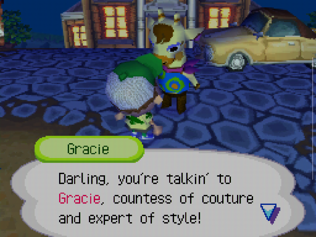 Die Mode-Designerin Gracie in Animal Crossing Wild World für den Nintendo DS. Sie trat mit Modequiz und eigenwilligen Kommentaren auf und belohnte Spieler manchmal mit seltenen Outfits.