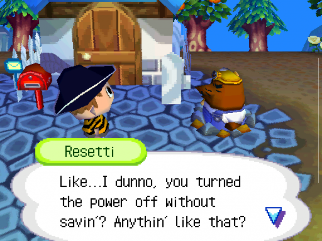 Der Maulwurf Resetti in Animal Crossing Wild World auf dem Nintendo DS. Resetti tauchte auf, wenn Spieler ohne Speichern beendeten, und hielt lange Vorträge gegen Save Scumming – eine ikonische Hassliebe vieler Fans.