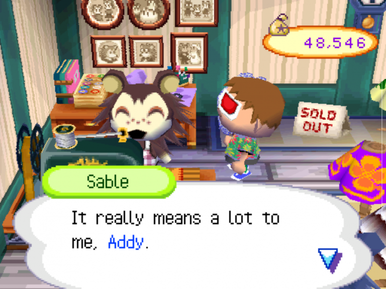Szenenbild aus Animal Crossing Wild World für den Nintendo DS: Sina (Sable) bedankt sich beim Spieler für die Gespräche in der Schneiderei. Ein Moment, der die persönliche Bindung und emotionale Tiefe des Cozy Game Klassikers unterstreicht.