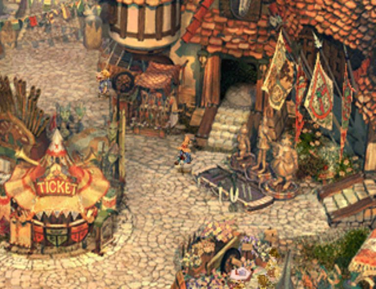 Final Fantasy IX Gameplay: Vivi erkundet eine malerische mittelalterliche Stadt mit bunten Häusern und Marktständen.